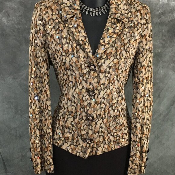 BEAUTIFUL St John evening knit brown multi rhinestones embellished skirt suit 4 - Picture 4 of 10